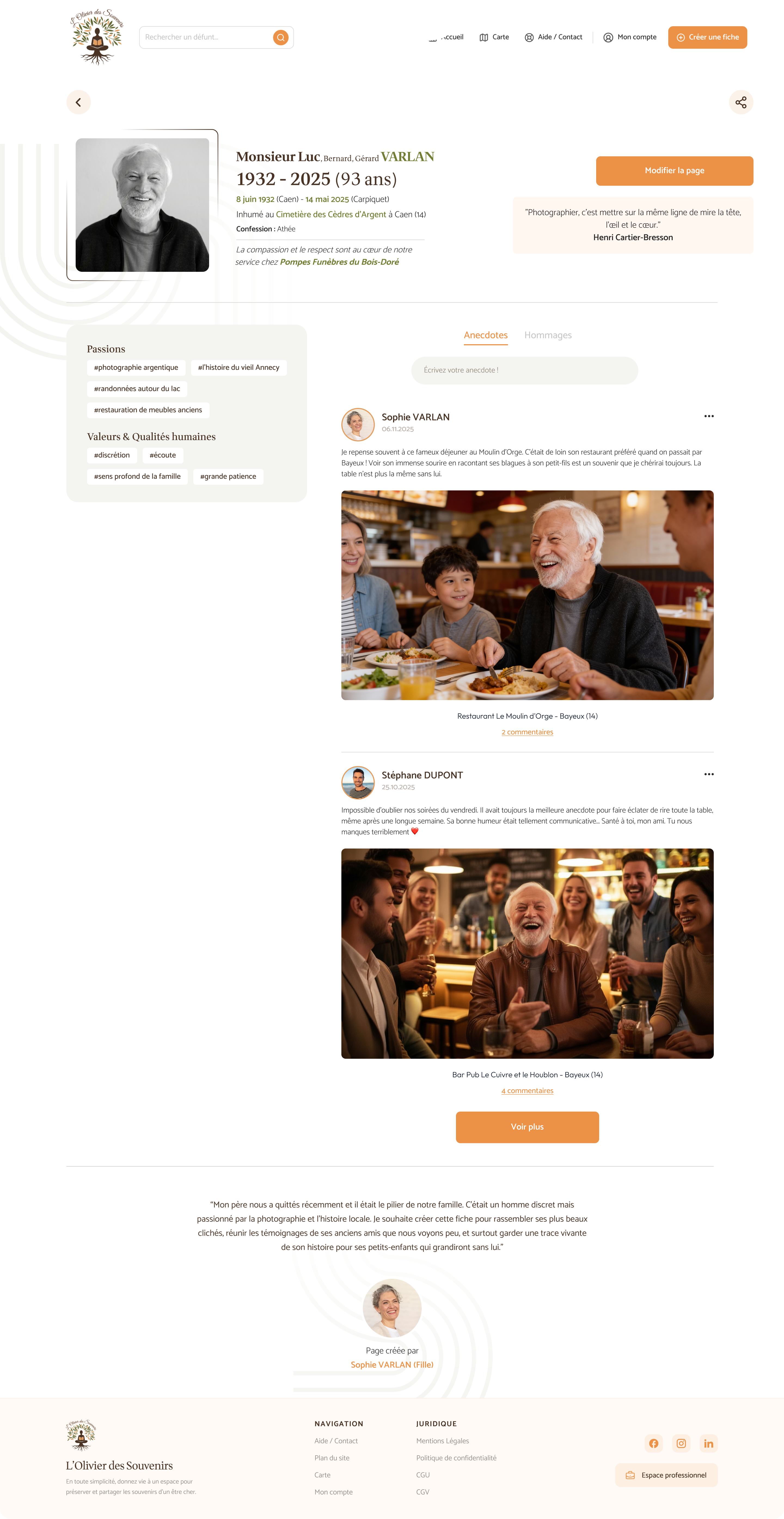 Aperçu d'une page mémoire en ligne avec espace de recueillement, anecdotes et mise en avant des pompes funèbres